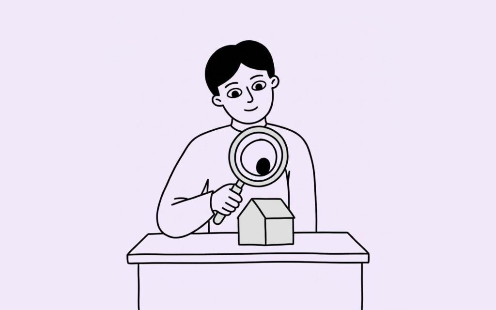 Une personne observe une petite maison a travers une loupe