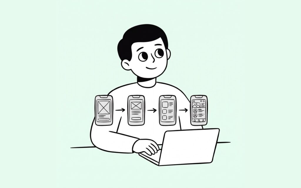 Quatre écrans d'application de plus en plus aboutis se succèdent de gauche à droite au-dessus d'un ordinateur portable.