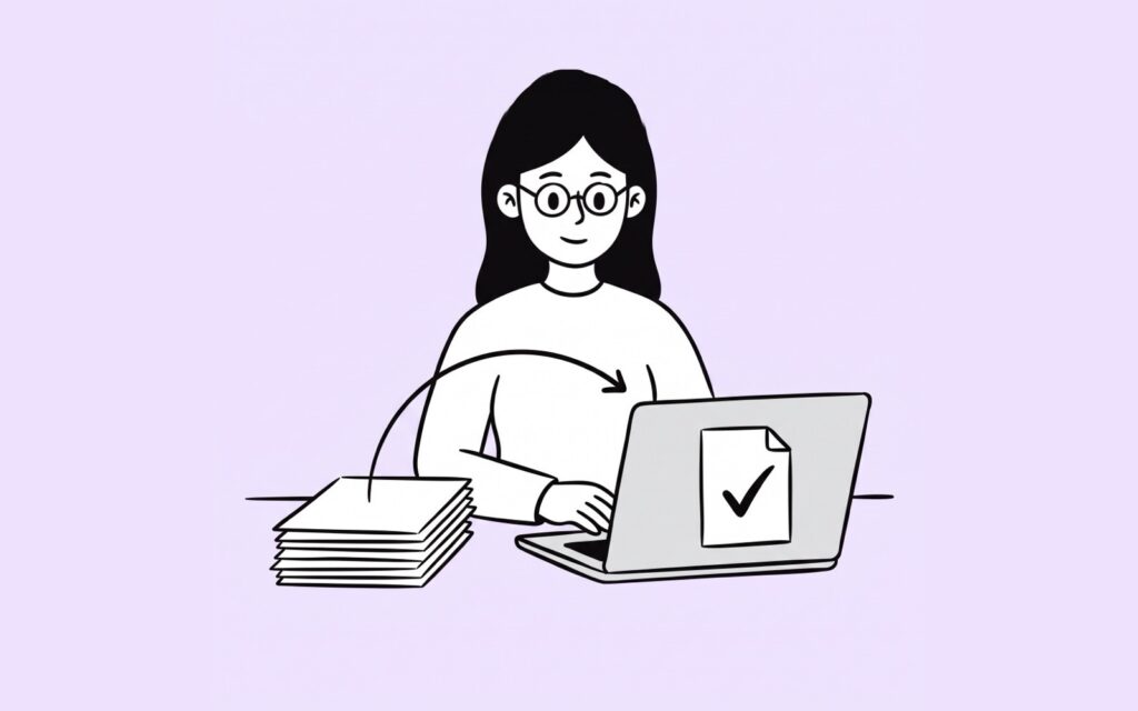 Une comptable fait passer une pile de factures papier vers un document numérique validé sur l'écran de son ordinateur.