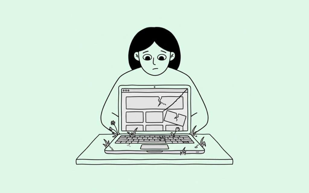Une personne regarde d'un air las l'écran fissuré d'un ordinateur portable dont le clavier est envahi d'herbes folles.
